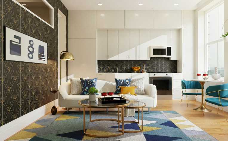 bold coloured geometric area rug in open concept 80s style living room kitchen