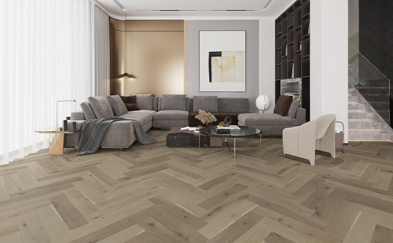 herringbone hardwood flooring in living room