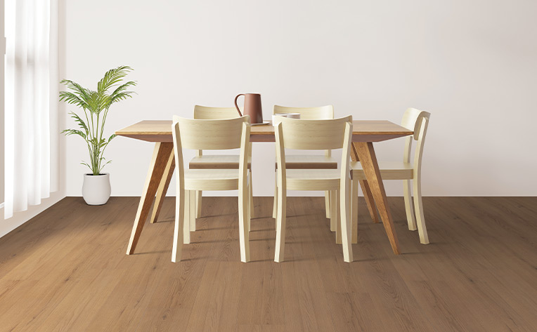 warm toned wood look vinyl flooring in dining room