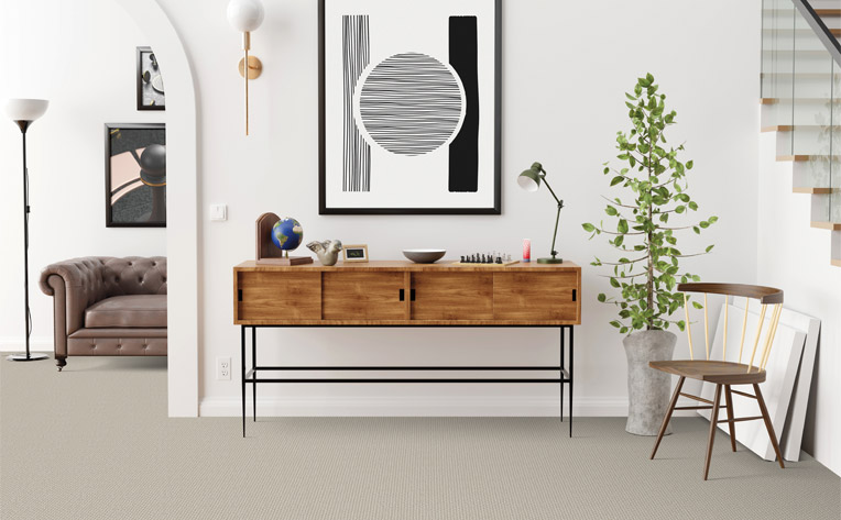 grey carpet in entry way with modern decor.