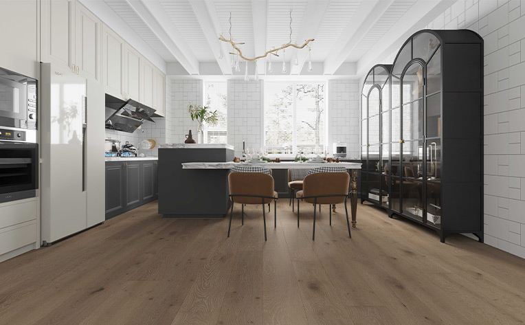 wide plank hardwood flooring in kitchen