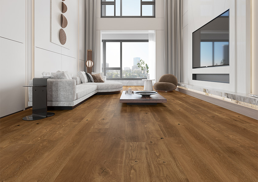 warm toned hardwood flooring in living room