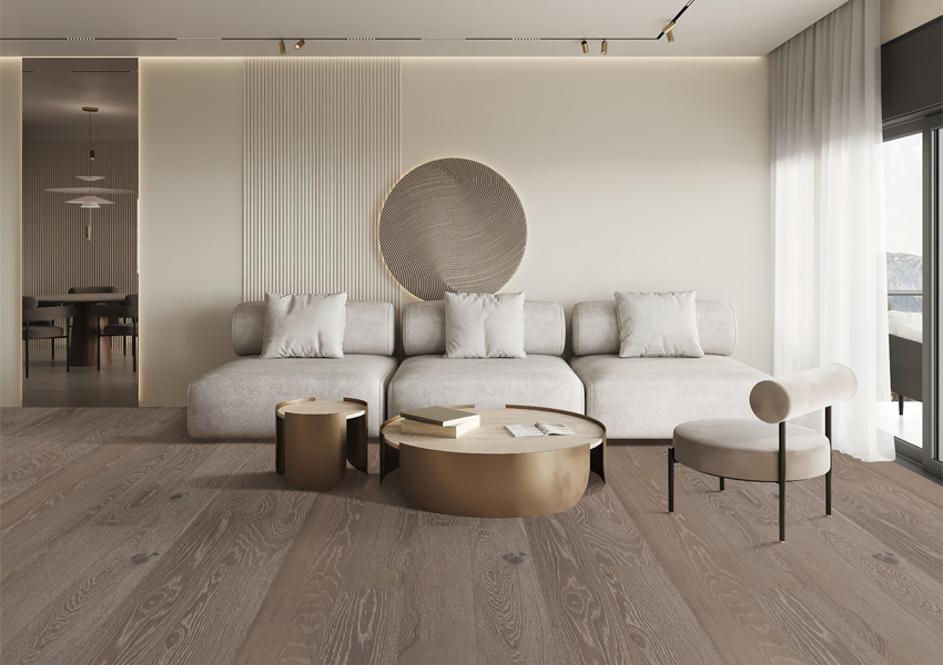 hardwood flooring in living room with minimalist decor.